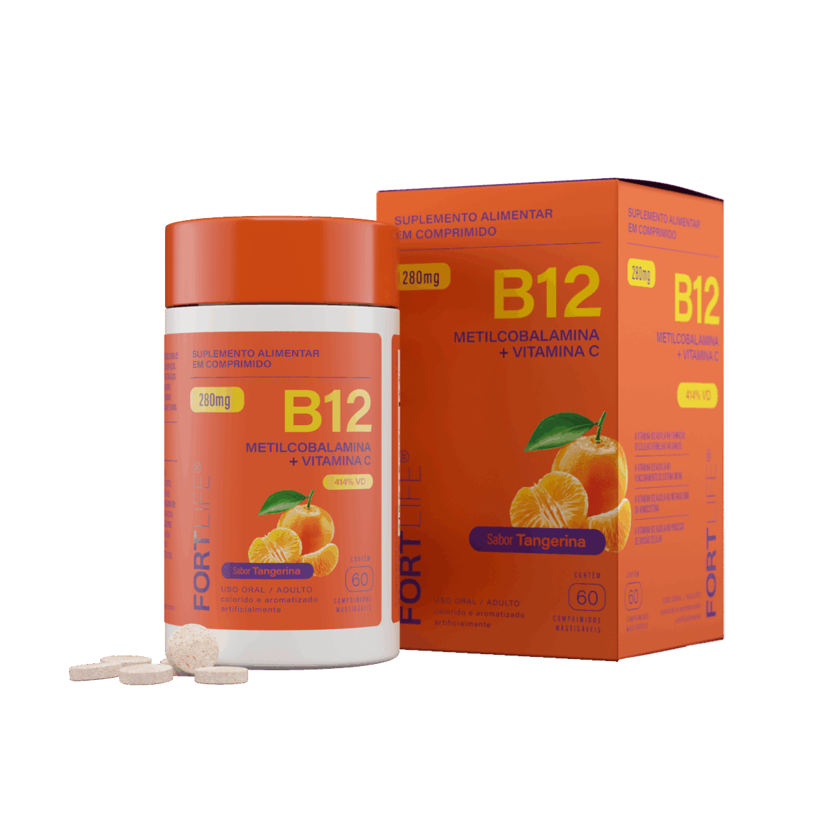 Vitamina B12 Tangerina 280mg 60 Comprimidos Mastigáveis