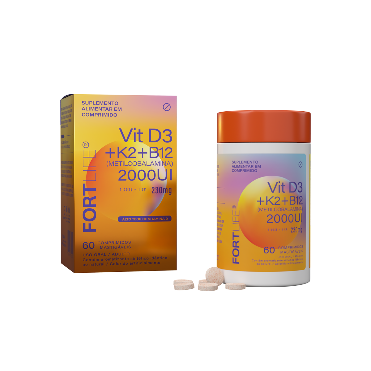 Vitamina D3 + K2 + B12 230mg Adulto 60 Comprimidos Mastigáveis